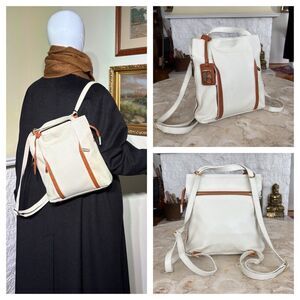 Valentina Pebble Leather White/Tan Convertible Backpack Shoulder Bag Italy